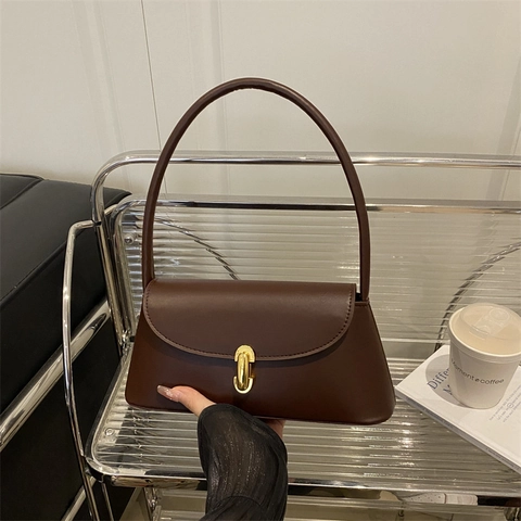 Bolso de Mujer de Cuero PU de Moda Retro Bolso de Hombro con Cierre de Metal Dorado Color Sólido Pequeño Bolso Cuadrado