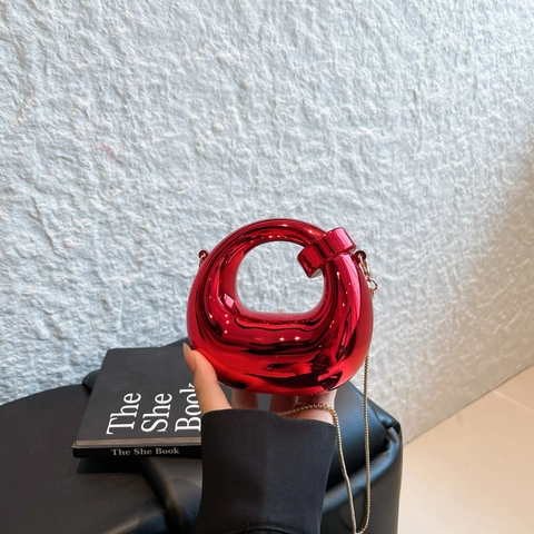 Bolso de Hombro Mini Redondo Geométrico Moderno Mujer de Cuero PU Espejo Metálico Con Cadena Bolso de Mano para Fiesta