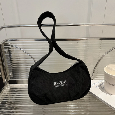 Women's Vintage Corduroy Underarm Bag Letter Patch Pleated Hobo Shoulder Bag Large Capacity Casual Commuter Tote Bag