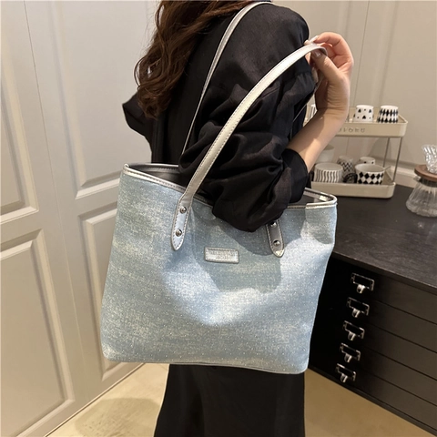 Sac Cabas pour Femmes Grande Capacité Texture Denim Avec Strass Paillettes Mode Sac à Épaule Poignée en Cuir Artificiel Argent