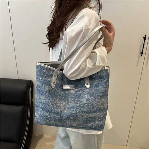Borsa Tote in Denim di Grande Capacità per Donna Moda Strass Glitter Borsa a Tracolla Con Tracolla Argento Trendy Borsa a Mano