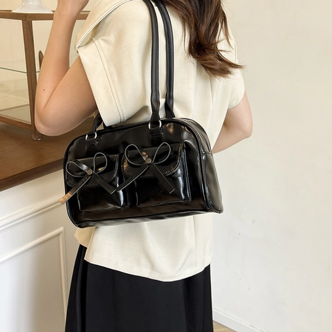 Women Bowknot Multi-pocket Shoulder Bag Glossy PU Leather Large Capacity Tote Bag For Daily Commute Urban Simple Fashion Handbag