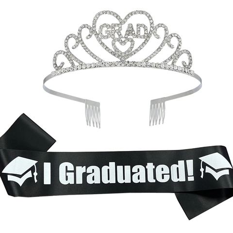 Ensemble Diadème et Écharpe de Graduation Alliage Strass GRAD Couronne I Graduated Écharpe en Satin pour Cérémonie Accessoire Bijou
