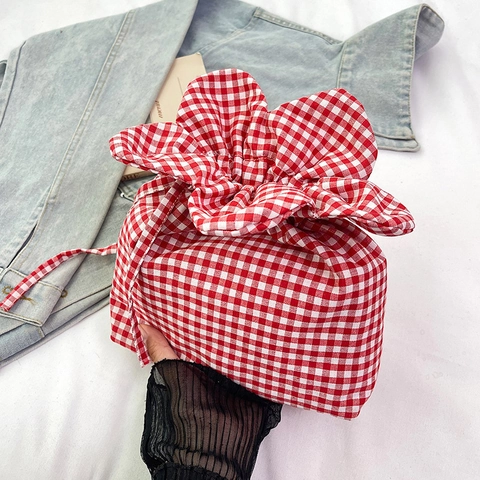 Borsa a Spalla da Donna in Nylon a Quadretti Con Coulisse Apertura a Volant Floreali Piccola Borsa a Secchiello a Tracolla Casual per Vacanza