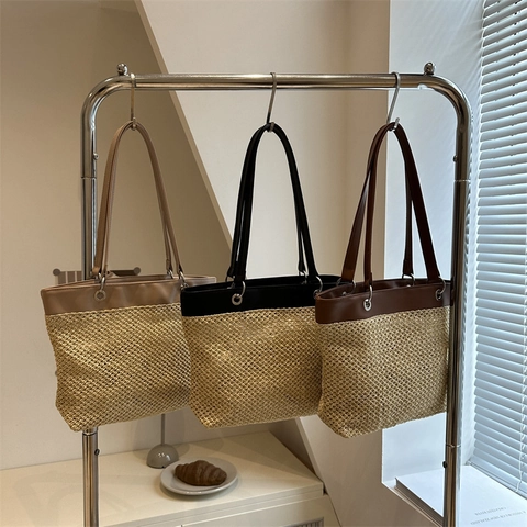 Women Fashion Straw Woven PU Leather Patchwork Shoulder Bag Casual Summer Vacation Large Capacity Tote Handbag For Lady