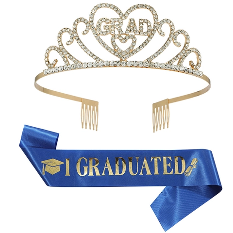 Rhinestone Zinc Alloy Graduation Crown And Polyester Sash Set Grad Lettering For Students Graduation Party Decorations