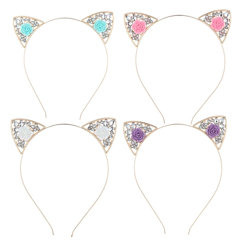 Cerchietto in Lega Orecchie da Gatto Con Fiori in Resina Strass Dolce Copricapo da Festa per Donna Ragazza Accessori Capelli