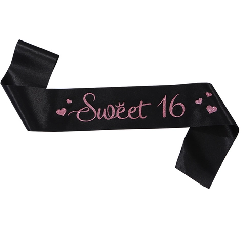 Fascia di Compleanno Sweet 16 Nastro di Raso Nero Con Lettere Glitterate Rosa Per Ragazza Sedicesimo Compleanno Festa Accessorio