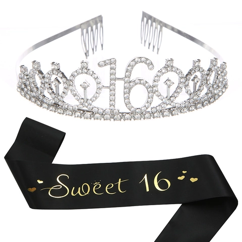 Set per Festa di 16 Anni con Tiara in Lega di Strass e Fascia in Raso Glitterato per Ragazze Celebrazione Accessori