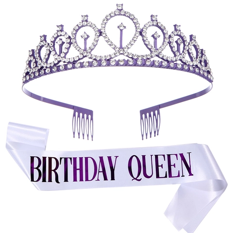Tiara e Fascia Birthday Queen Girl Viola Lega Strass Corona Fascia in Satin per Decorazioni Festa Compleanno Accessori Donna
