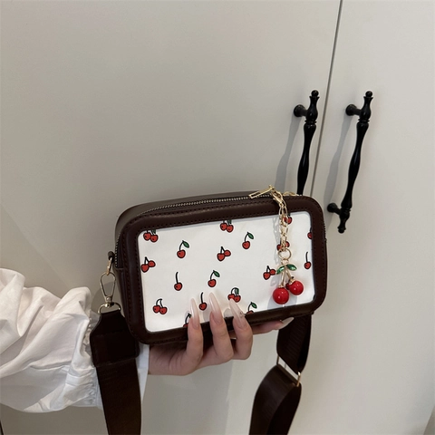 Bolso de Cámara para Mujer con Estampado de Cerezas Moda de Cuero PU con Correa Ancha Y Adorno de Fruta 3D Bolso Bandolera Trendy