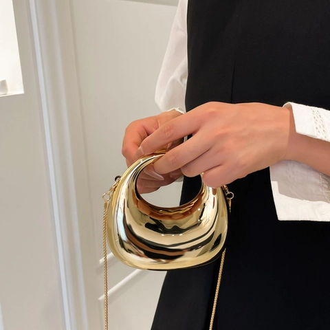 Mini Bolso De Noche Media Luna Bolso De Mano PU Metálico Espejo Con Correa De Cadena Bolso De Fiesta Para Mujer