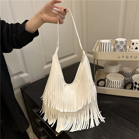 Fashion Tassel Shoulder Bag For Women Oxford Cloth Hobo Bag Fringe Tote Casual Handbag Urban Minimalist Shopping Bag