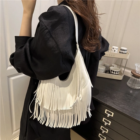 Fashion Tassel Shoulder Bag For Women Oxford Cloth Hobo Bag Fringe Tote Casual Handbag Urban Minimalist Shopping Bag