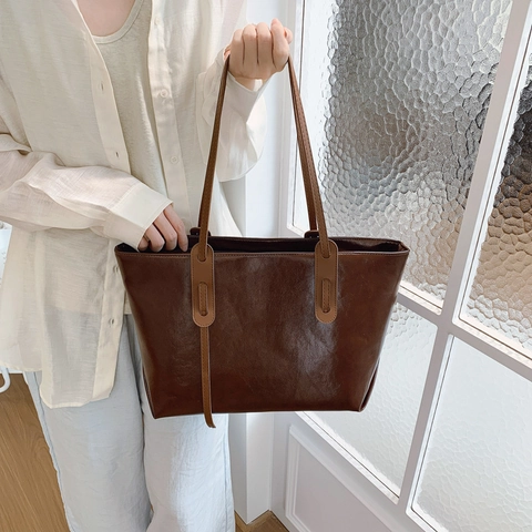 Bolso Tote de Gran Capacidad para Mujer Cuero PU Suave Color Sólido Bolso de Hombro para Viaje Diario Puntadas Minimalistas Estudiantes