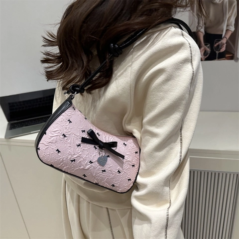 Borsa a Spalla Baguette con Fiocco per Donna Trama Stropicciata Borsa Sottobraccio con Ciondolo a Cuore Borsa alla Moda