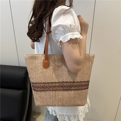 Mode Stroh Gewebte Tote Bag Große Kapazität Sommer Strand Schultertasche Mit Kunstlederriemen Und Spitze Dekor Handtasche