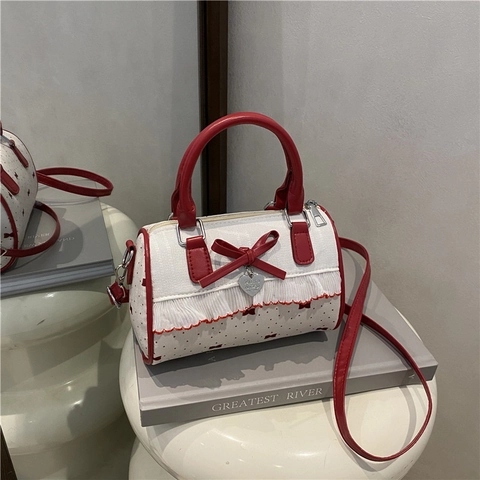 Zoete Strik Kant Stippen Boston Bag Vintage PU Leer Schoudertas Met Hartvormige Hanger Crossbody Tas Voor Dames