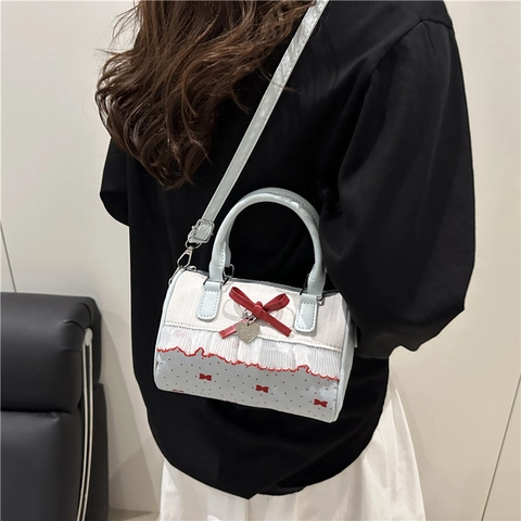 Bolso Boston Dulce con Lazo Encaje y Lunares Vintage de Cuero PU Bolso de Hombro con Colgante de Corazón Bandolera Mujer
