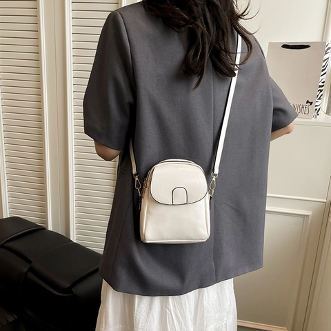 Vintage PU Leather Small Shoulder Bag Women Solid Color Crossbody Mobile Phone Bag Contrast Stitching Gold Tone Hardware