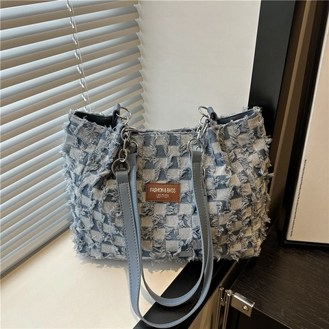 Borsa Tote in Denim a Scacchi di Grande Capacità per Donna Borsa a Spalla in Denim Sfilacciato Con Catena Casual Crossbody