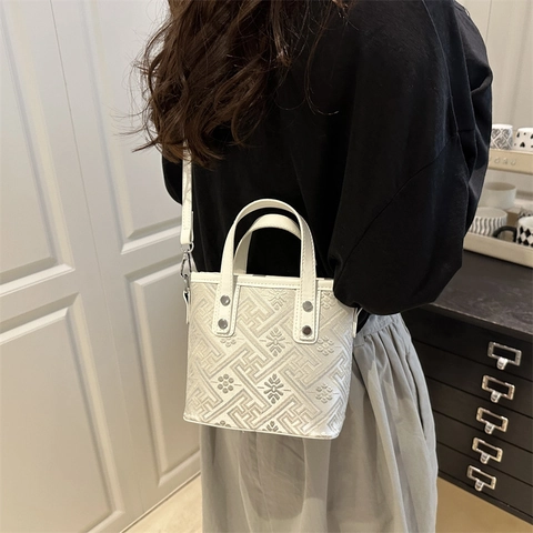 Borsa a Tracolla Jacquard Geometrica Retrò di Grande Capacità per Donna Borsa in Pelle PU di Moda con Ricamo Elegante Borsa a Secchiello