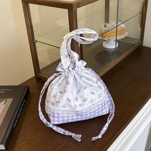 Borsa a Mano da Donna Patchwork Floreale a Quadri Con Coulisse e Bordo in Pizzo Borsa a Secchiello in Nylon Stile Dolce