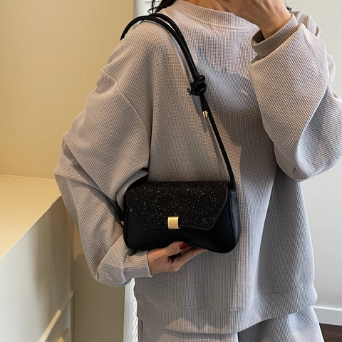 Damen Trendy PU Leder Baguette Tasche Mit Glitzer Klappe Geknoteter Riemen Gold Schnalle Urban Einfach Schultertasche
