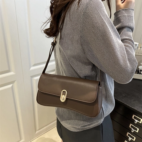 Bolso de Hombro de Axila de Cuero PU Vintage para Mujer Moda Color Sólido Bolso de Mano Cuadrado Pequeño Con Cierre de Bloqueo de Metal