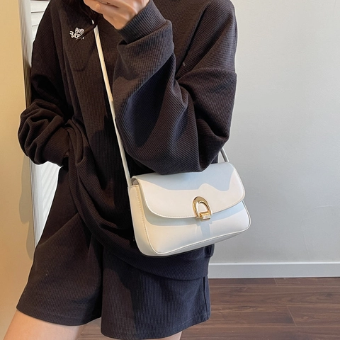 Bolso de Hombro de Cuero PU Vintage para Mujer Bolso de Axila Cuadrado Minimalista Con Hebilla de Herradura Bolso de Viaje