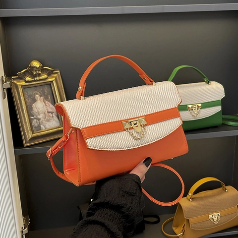 Borsa a Spalla da Donna in PU Urban Minimalista a Blocchi di Colore Motivo Litchi Borsa a Tracolla Con Serratura Catena Moda