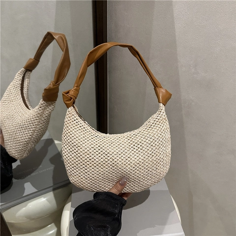 Borsa a Spalla Hobo in Paglia Intrecciata Minimalista Urbana per Donna Borsa Tote di Grande Capacità per Vacanze Estive con Tracolla a Nodo