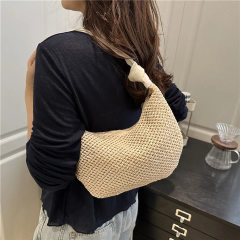 Borsa a Spalla Hobo in Paglia Intrecciata Minimalista Urbana per Donna Borsa Tote di Grande Capacità per Vacanze Estive con Tracolla a Nodo
