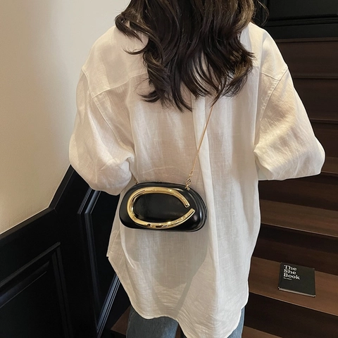 Women Vintage PU Leather Square Box Bag with C-shaped Metal Handle Gold Chain Strap Crossbody Shoulder Bag for Party Evening