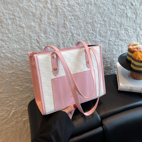 Dames Grote Capaciteit PU Leren Tote Bag Stijlvol Schaakbordpatroon Kleur Patchwork Schoudertas Chic Dagelijks Handtas