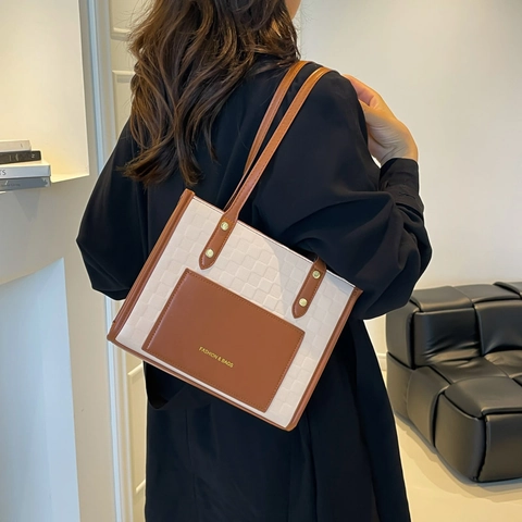 Dames Grote Capaciteit PU Leren Tote Bag Stijlvol Schaakbordpatroon Kleur Patchwork Schoudertas Chic Dagelijks Handtas