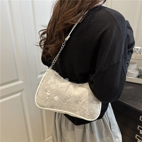 Fashion Women Sequin Shoulder Bag Y2K Chain Underarm Bag Trendy Sequined PU Leather Purse For Party Banquet Daily Use