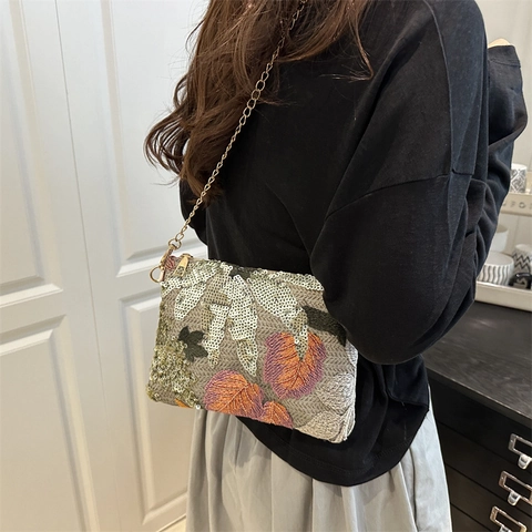 Sac à Bandoulière en Paille Broderie de Paillettes pour Femmes Nouveau Style Chinois Motif Floral Mode Chaîne sous le Bras
