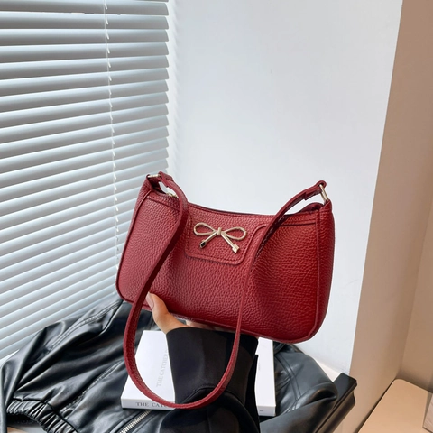 Large Capacity Metallic Bow PU Leather Shoulder Bag For Women Fashion Solid Color Hobo Bag Chic Underarm Baguette Bag