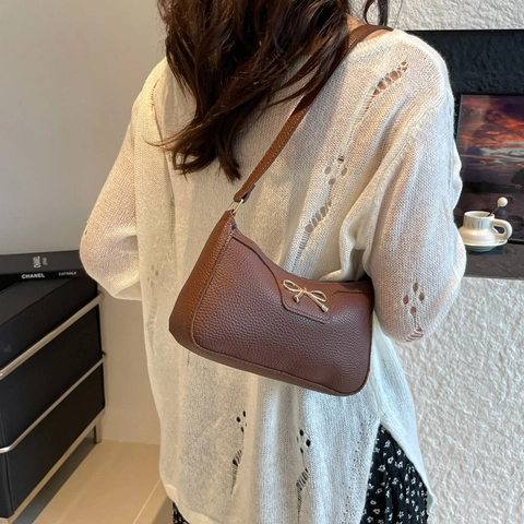 Large Capacity Metallic Bow PU Leather Shoulder Bag For Women Fashion Solid Color Hobo Bag Chic Underarm Baguette Bag