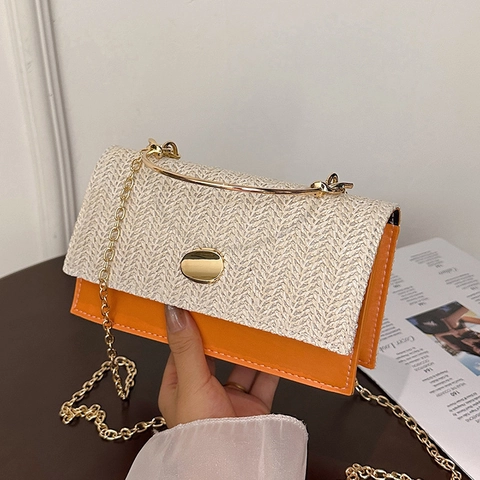 Dames Mode Stro Geweven Patchwork Schoudertas Kleine Vierkante Ketting Handtas Zomer Resort Strand Crossbody Tas Met Metalen Handvat