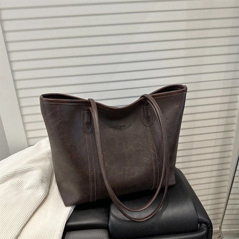 Bolso Tote de Cuero PU de Gran Capacidad para Mujer Vintage Minimalista Urbano Bolso de Hombro Color Sólido Handbag