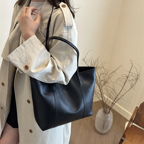 Bolso Tote de Cuero PU de Gran Capacidad para Mujer Vintage Minimalista Urbano Bolso de Hombro Color Sólido Handbag