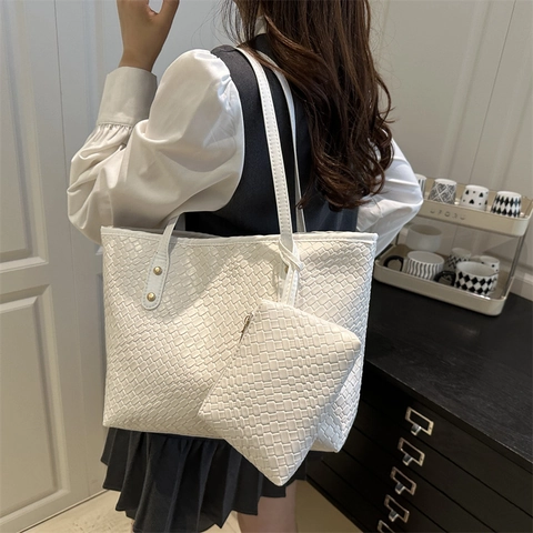 Dames Mode Geweven Tote Bag Stedelijk Minimalistisch Grote Capaciteit PU Leer Gevlochten Schoudertas Met Bijpassende Binnentas