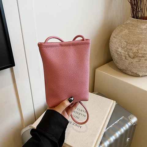 Women Fashion PU Leather Lychee Pattern Mobile Phone Bag Mini Crossbody Shoulder Bag With Knot Strap Solid Color Small Bag