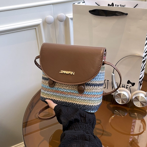 Women Rainbow Stripe Woven PU Leather Crossbody Bag Small Square Shoulder Bag For Summer Fashion Daily Urban Outfits