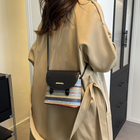 Women Rainbow Stripe Woven PU Leather Crossbody Bag Small Square Shoulder Bag For Summer Fashion Daily Urban Outfits