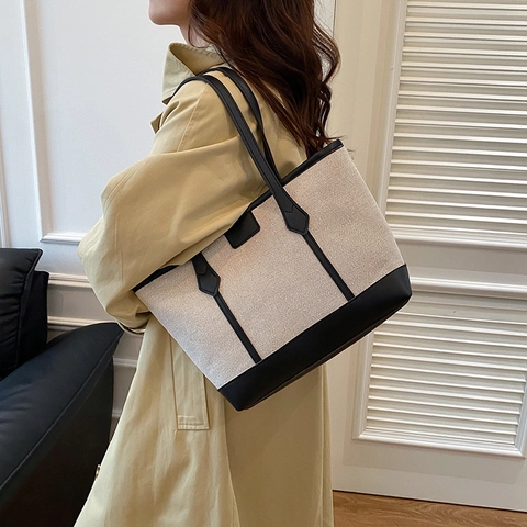 Dames Grote Capaciteit Tote Bag PU Leer Canvas Stiksel Schoudertas Woon-werk Mode Handtas Eenvoudige Casual Hobo Tas