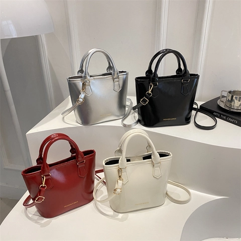 Damen Fashion PU Leder Eimertasche Schicker Minimalismus Umhängetasche Tragetasche Mit Magnetschnalle Griff Schultertasche