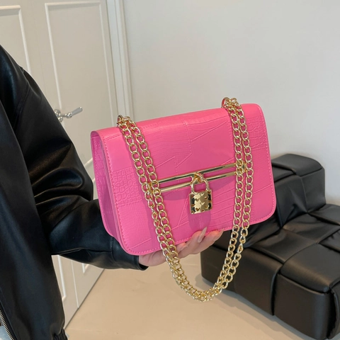 Bolso de Hombro para Mujer de Cuero PU con Relieve de Cocodrilo Bolso Bandolera con Cadena Dorada y Candado de Corazón Bolso Cuadrado